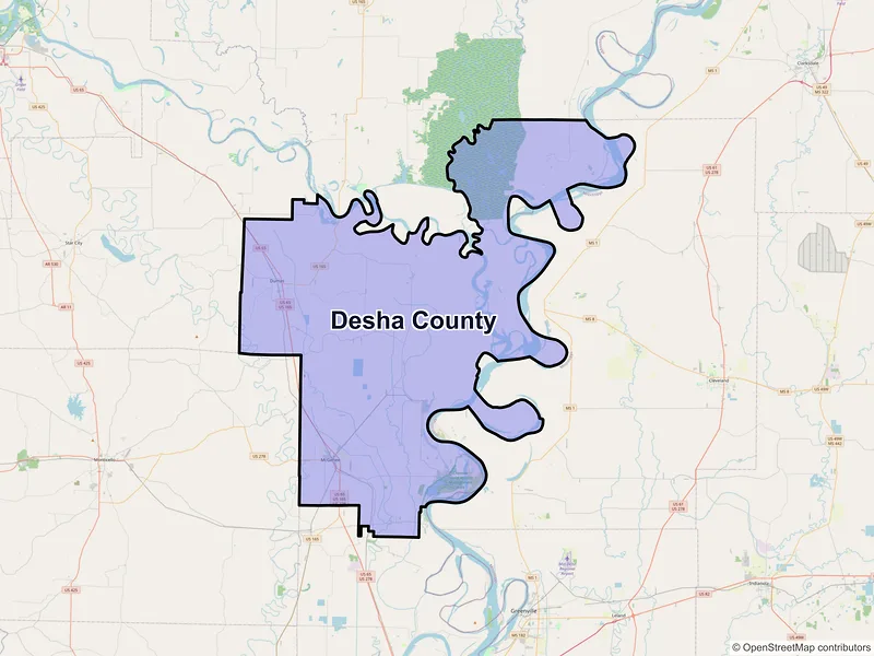 Map of Desha County, Arkansas and ZIP codes