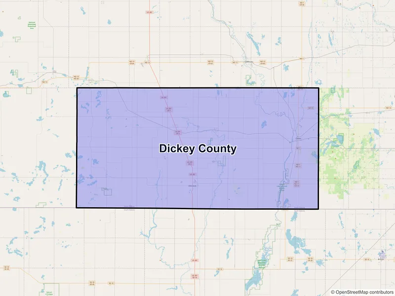 Map of Dickey County, North Dakota and ZIP codes