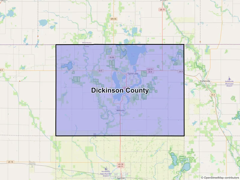 Map of Dickinson County, Iowa and ZIP codes