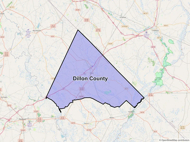 Map of Dillon County, South Carolina and ZIP codes