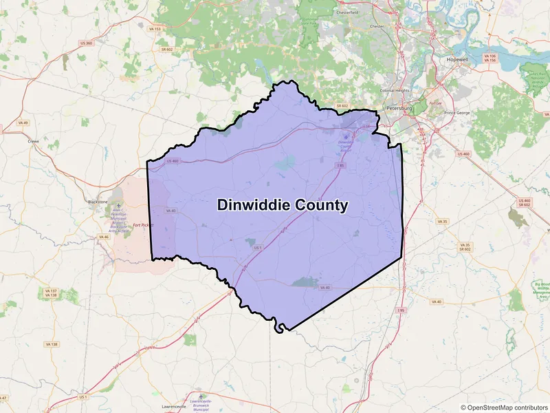 Map of Dinwiddie County, Virginia and ZIP codes