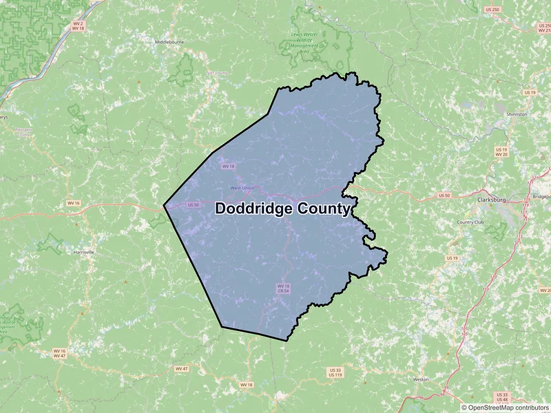 Map of Doddridge County, West Virginia and ZIP codes