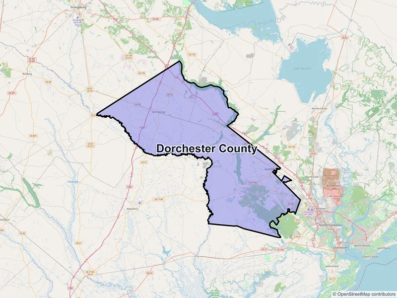 Map of Dorchester County, South Carolina and ZIP codes