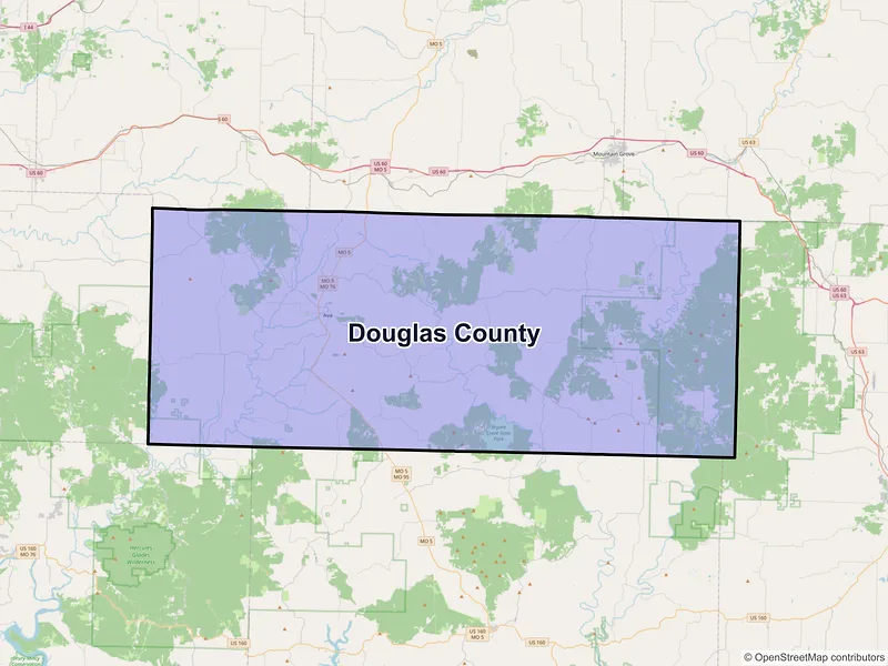 Map of Douglas County, Missouri and ZIP codes