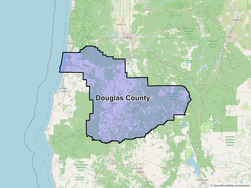 Map of Douglas County, Oregon and ZIP codes