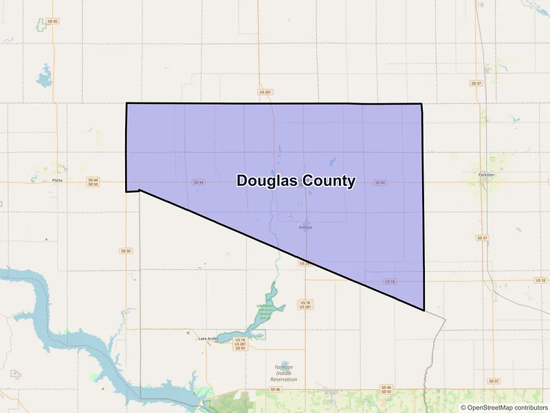 Map of Douglas County, South Dakota and ZIP codes