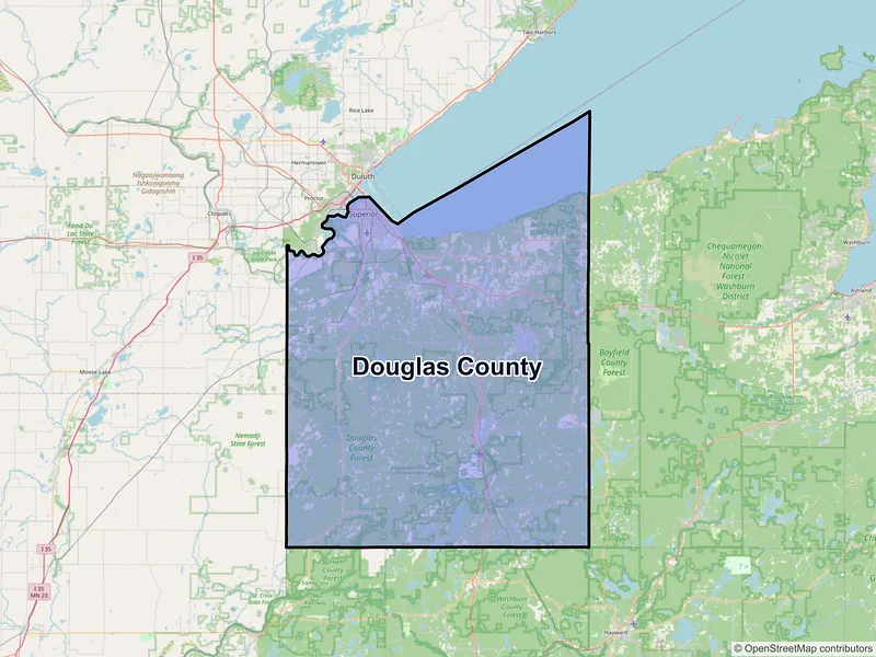 Map of Douglas County, Wisconsin and ZIP codes