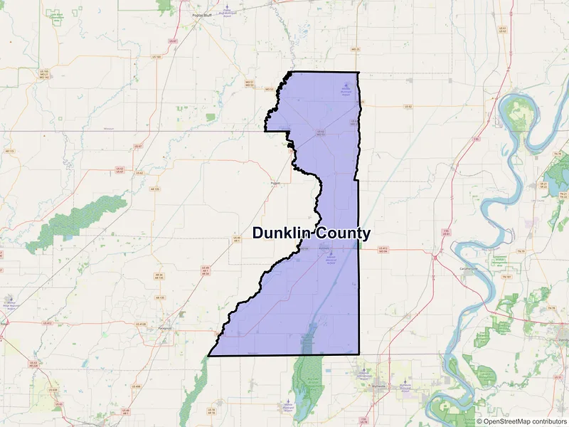 Map of Dunklin County, Missouri and ZIP codes