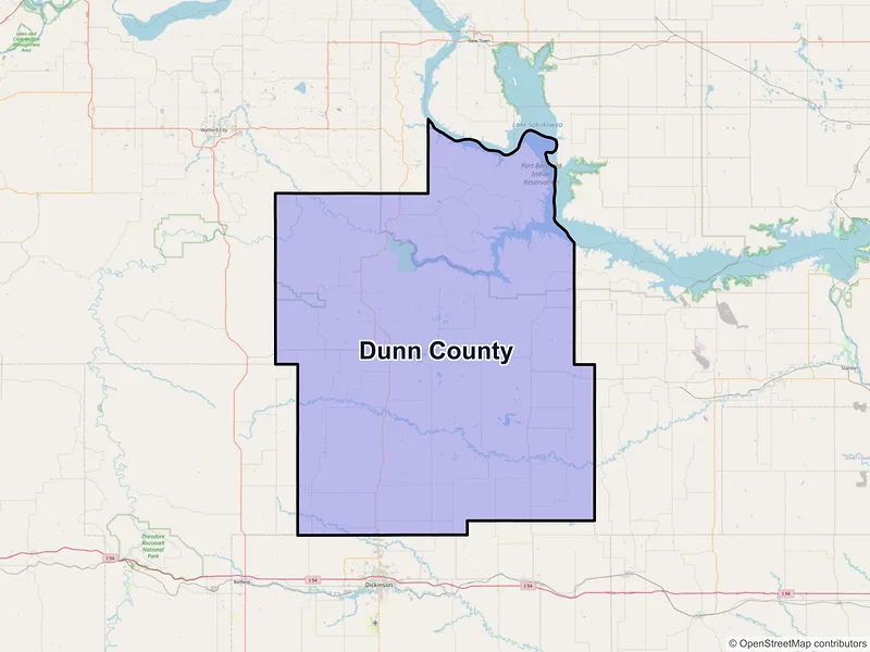Map of Dunn County, North Dakota and ZIP codes