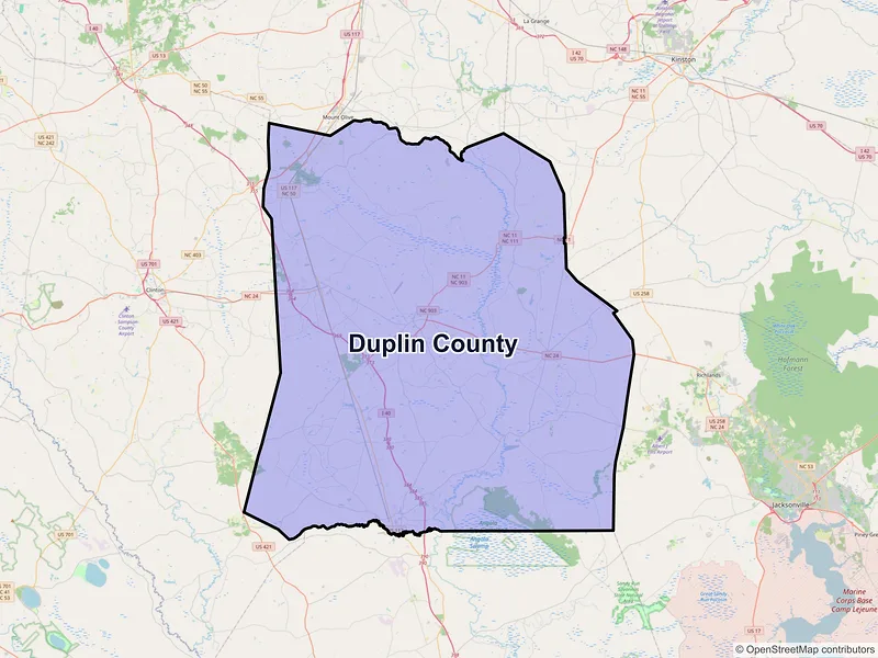 Map of Duplin County, North Carolina and ZIP codes