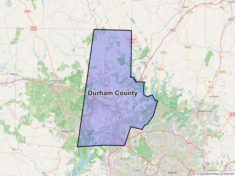 Map of Durham County, North Carolina and ZIP codes