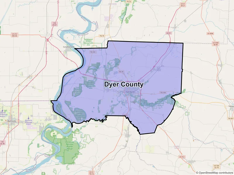Map of Dyer County, Tennessee and ZIP codes