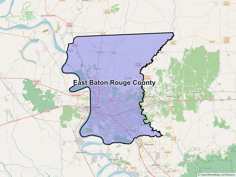 Map of East Baton Rouge County, Louisiana and ZIP codes