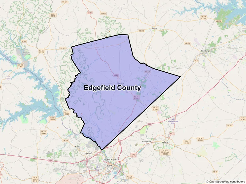 Map of Edgefield County, South Carolina and ZIP codes