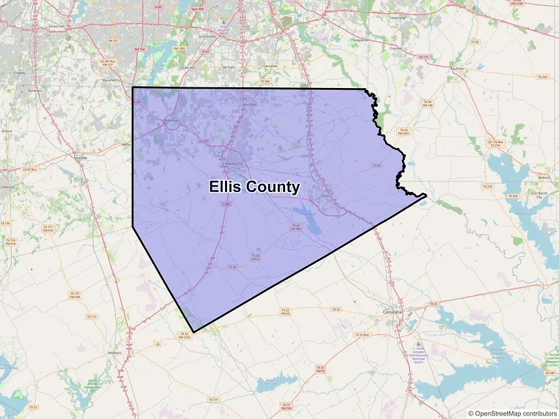 Map of Ellis County, Texas and ZIP codes