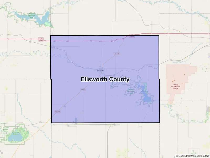 Map of Ellsworth County, Kansas and ZIP codes