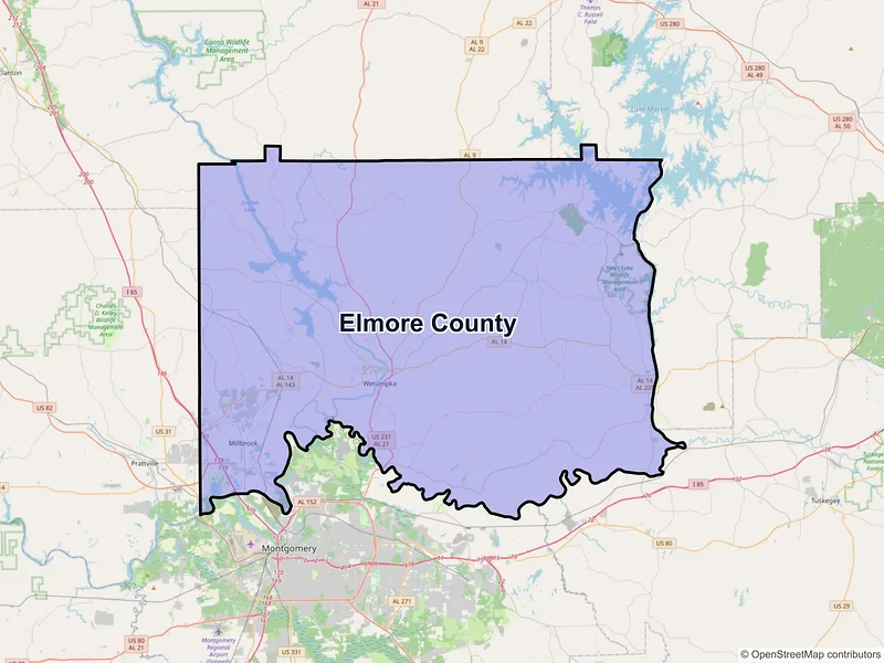 Map of Elmore County, Alabama and ZIP codes