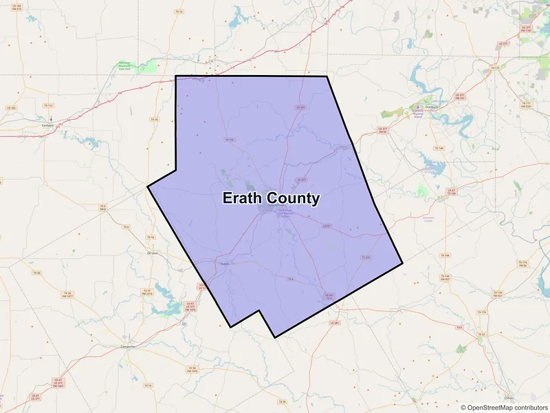 Map of Erath County, Texas and ZIP codes