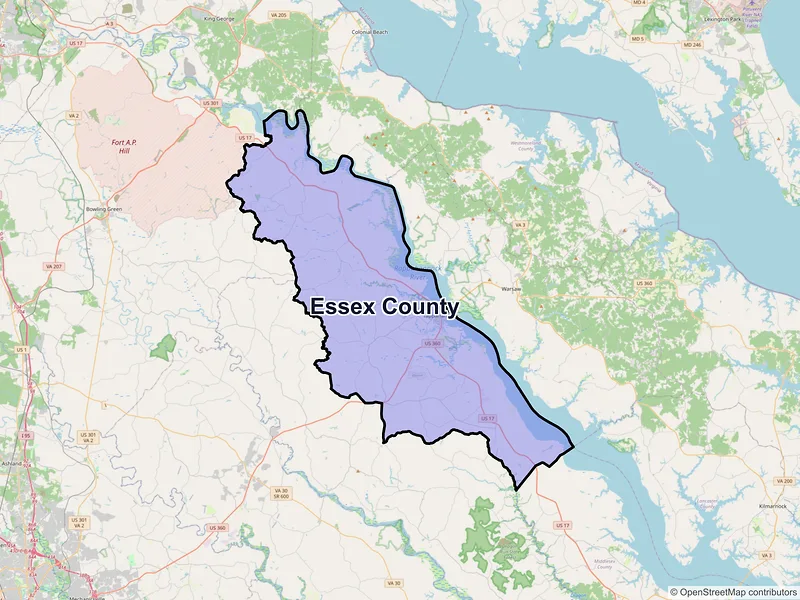 Map of Essex County, Virginia and ZIP codes