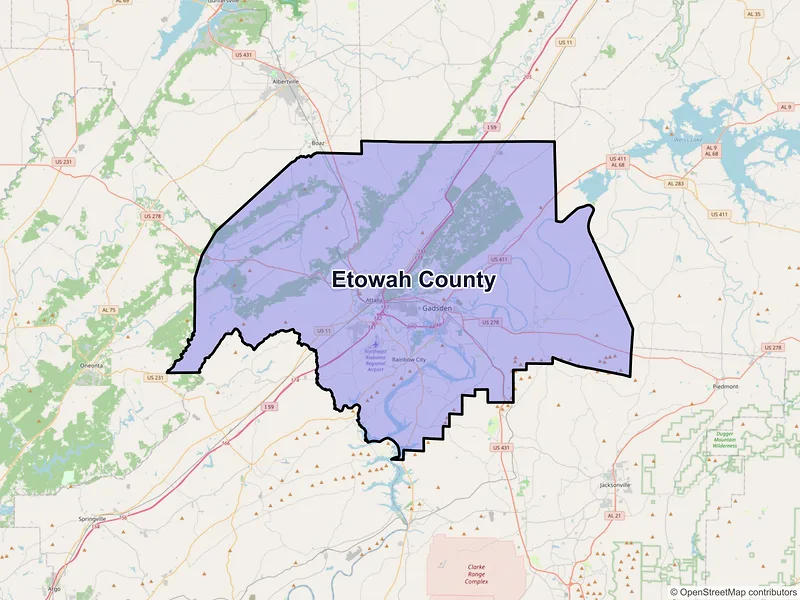 Map of Etowah County, Alabama and ZIP codes