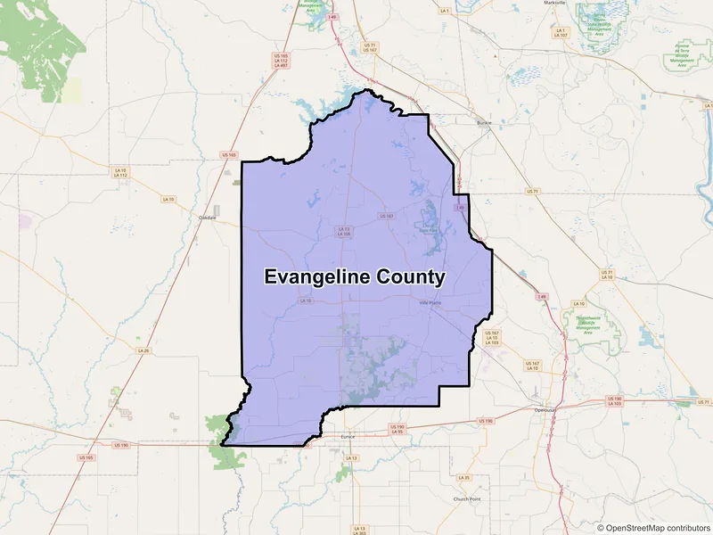 Map of Evangeline County, Louisiana and ZIP codes