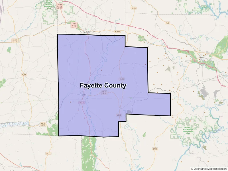 Map of Fayette County, Alabama and ZIP codes