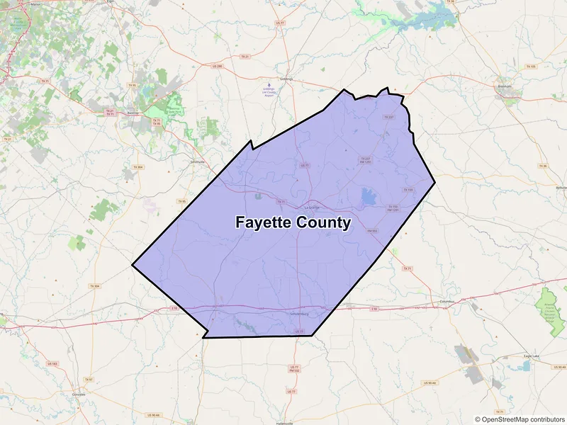 Map of Fayette County, Texas and ZIP codes