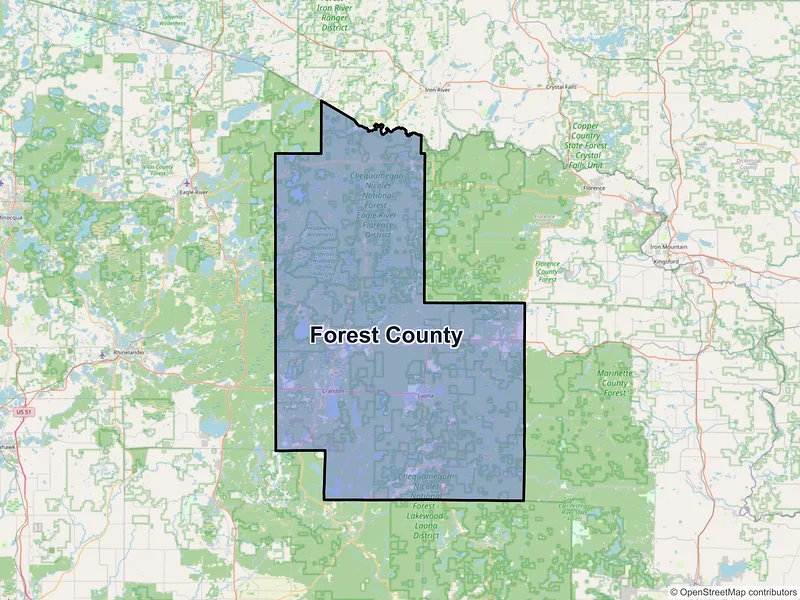 Map of Forest County, Wisconsin and ZIP codes
