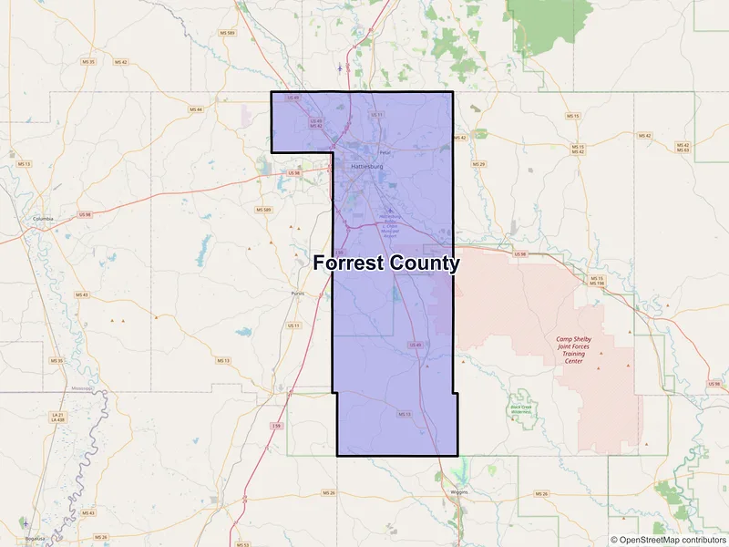 Map of Forrest County, Mississippi and ZIP codes