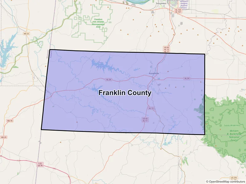 Map of Franklin County, Alabama and ZIP codes