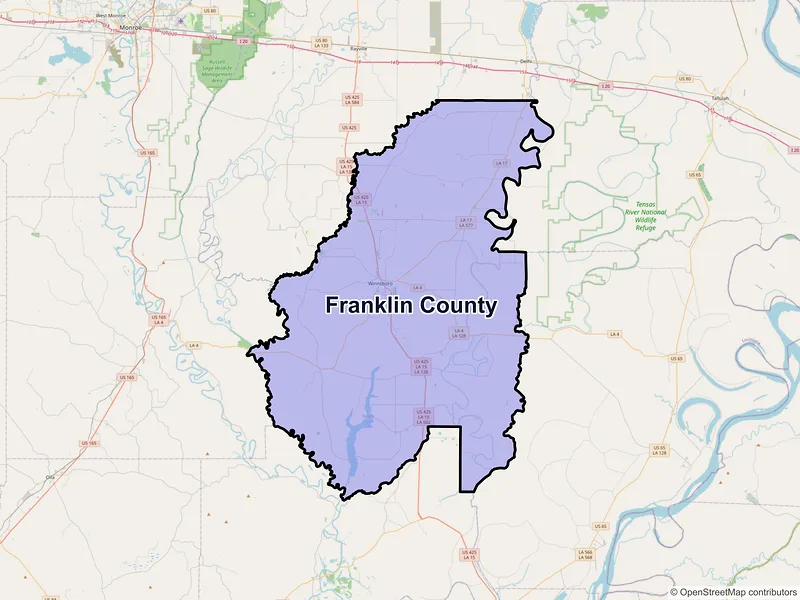Map of Franklin County, Louisiana and ZIP codes