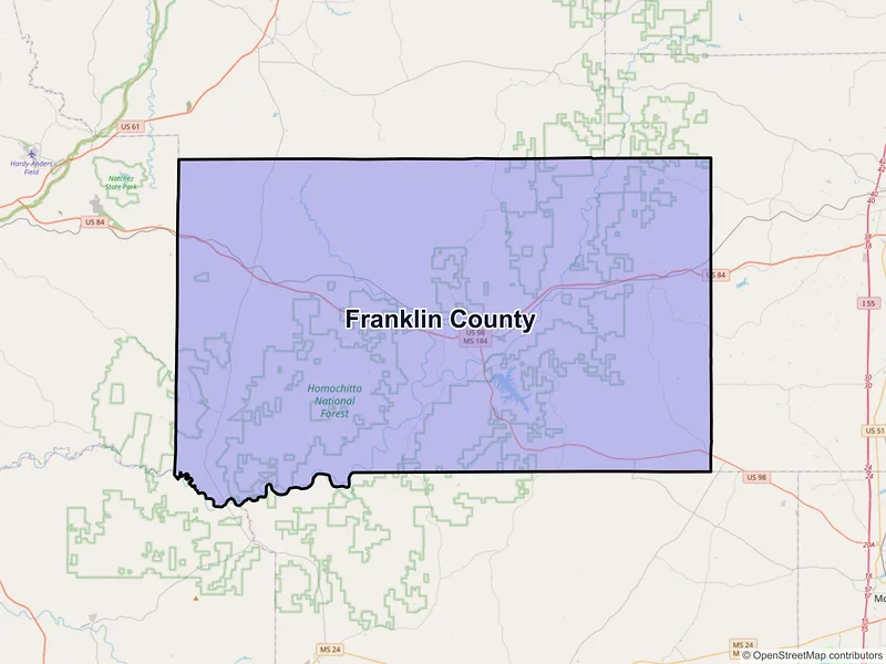 Map of Franklin County, Mississippi and ZIP codes