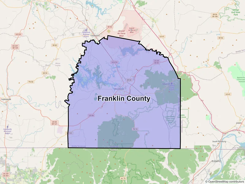 Map of Franklin County, Tennessee and ZIP codes