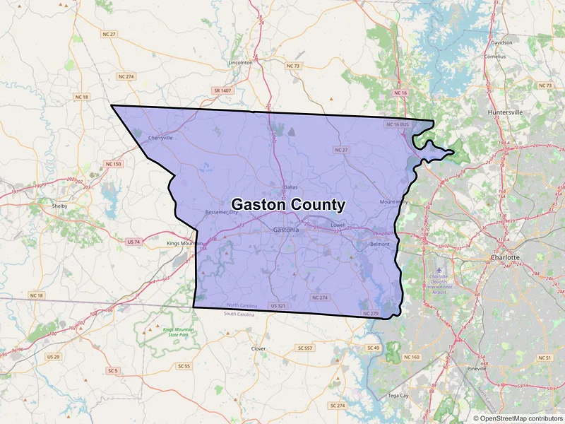 Map of Gaston County, North Carolina and ZIP codes