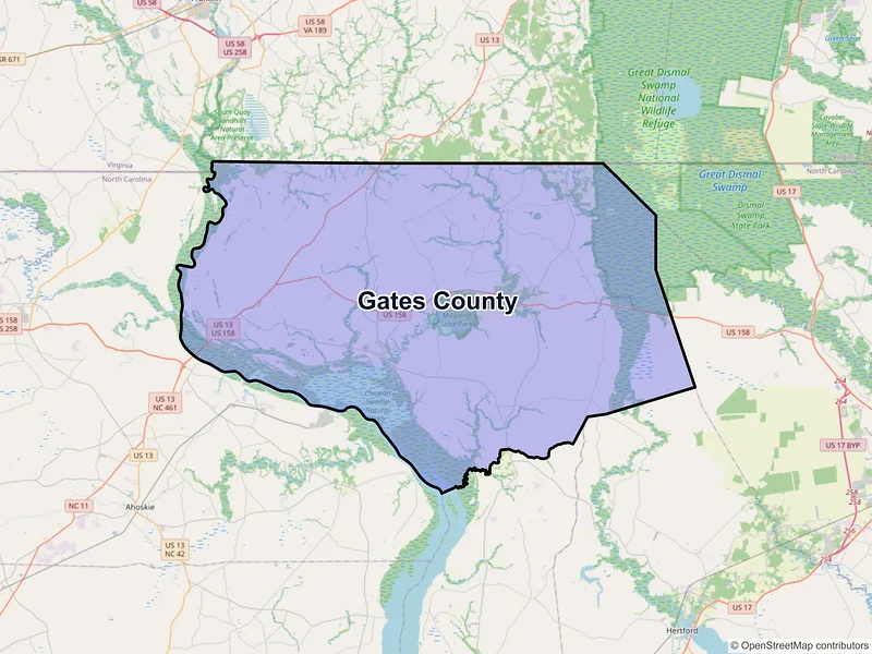 Map of Gates County, North Carolina and ZIP codes