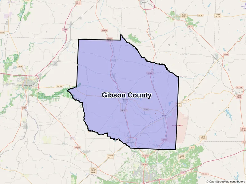 Map of Gibson County, Tennessee and ZIP codes