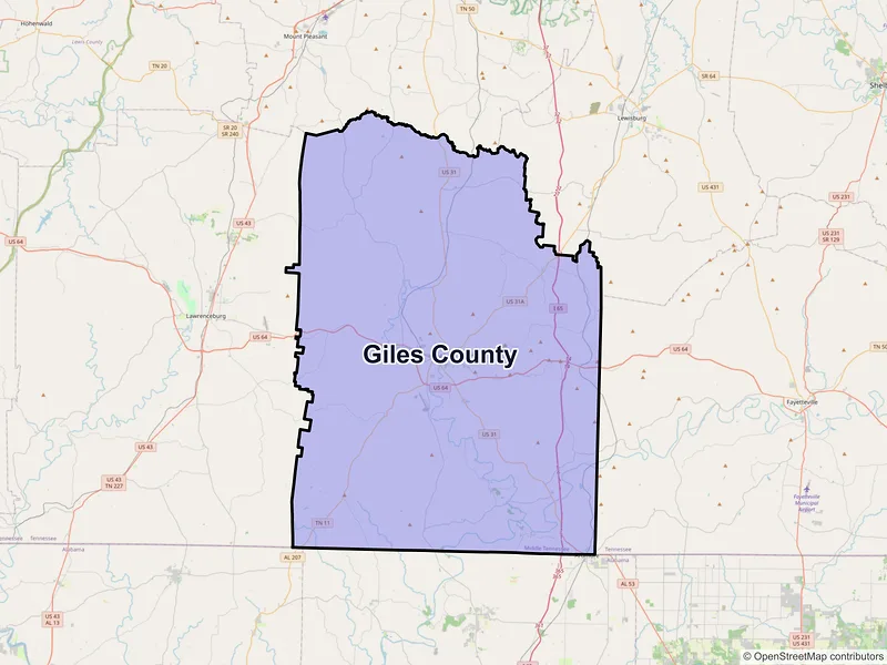 Map of Giles County, Tennessee and ZIP codes