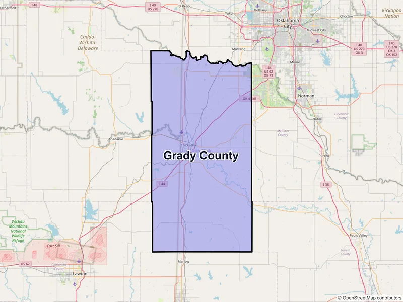 Map of Grady County, Oklahoma and ZIP codes