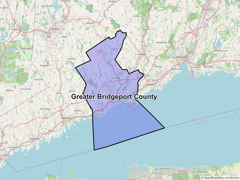 Map of Greater Bridgeport County, Connecticut and ZIP codes
