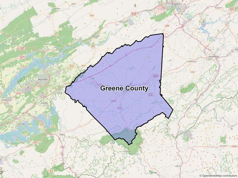 Map of Greene County, Tennessee and ZIP codes