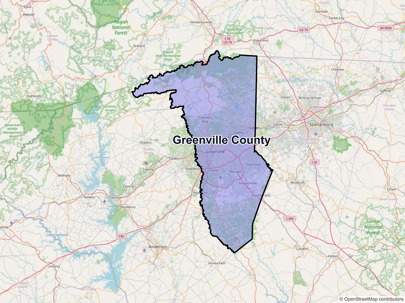 Map of Greenville County, South Carolina and ZIP codes