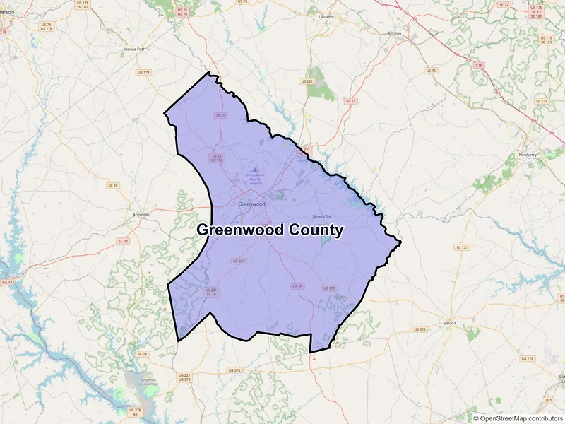 Map of Greenwood County, South Carolina and ZIP codes