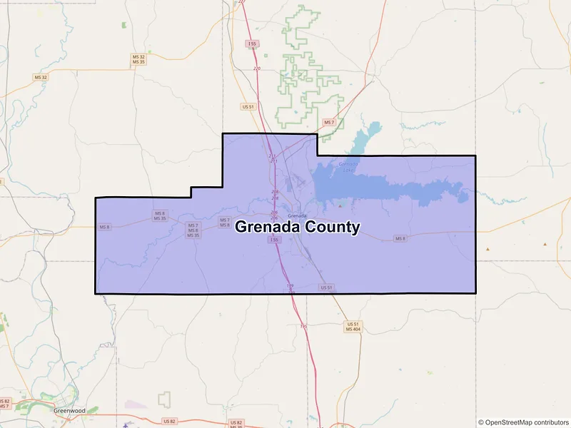 Map of Grenada County, Mississippi and ZIP codes