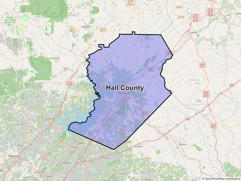 Map of Hall County, Georgia and ZIP codes
