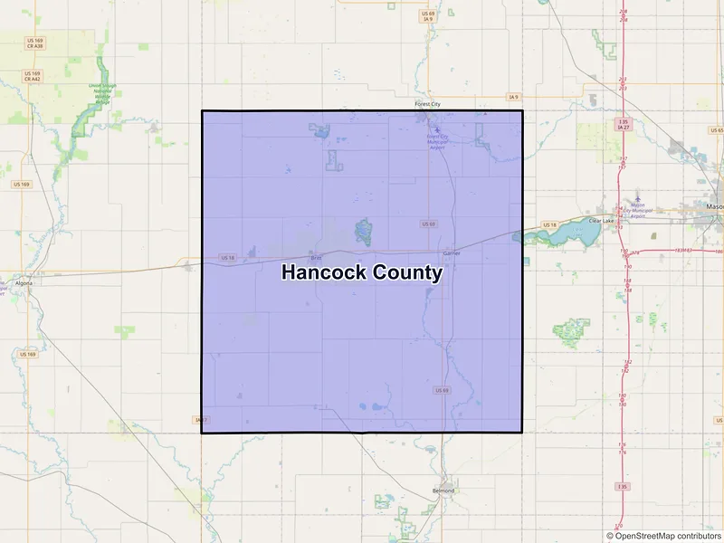 Map of Hancock County, Iowa and ZIP codes