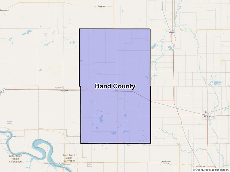 Map of Hand County, South Dakota and ZIP codes