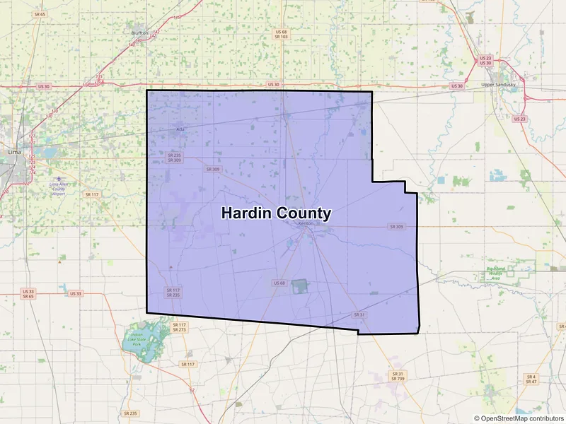 Map of Hardin County, Ohio and ZIP codes