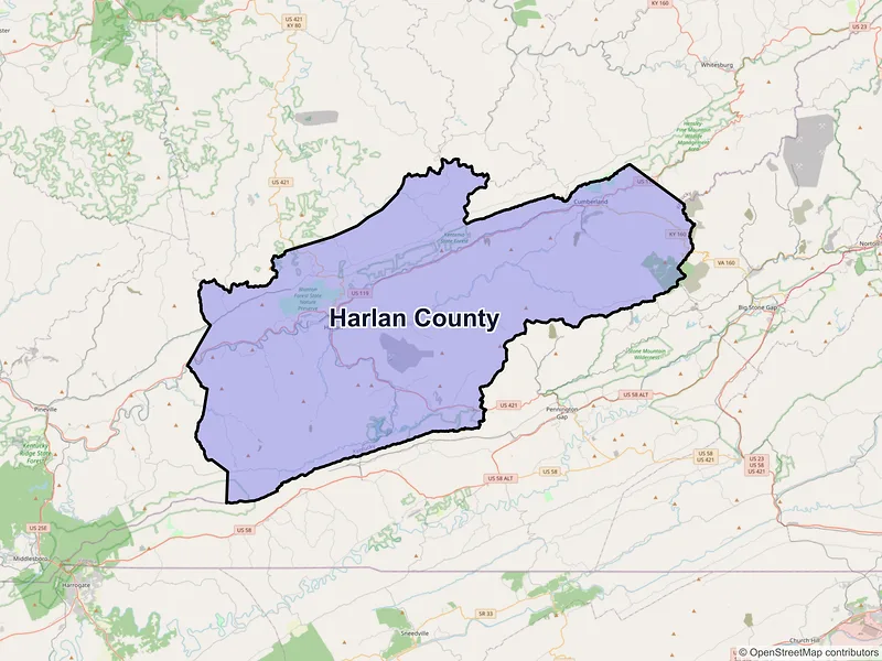 Map of Harlan County, Kentucky and ZIP codes