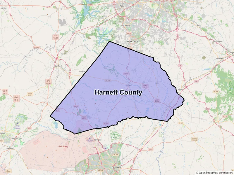 Map of Harnett County, North Carolina and ZIP codes