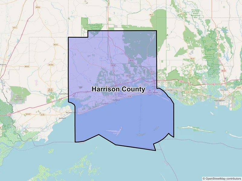 Map of Harrison County, Mississippi and ZIP codes